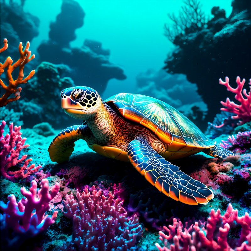 Turtle Underwater Resting Coral Canopy Digital Art