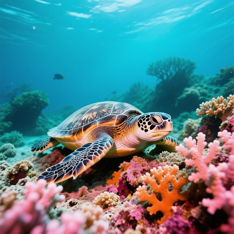 Turtle Underwater Resting Coral Canopy