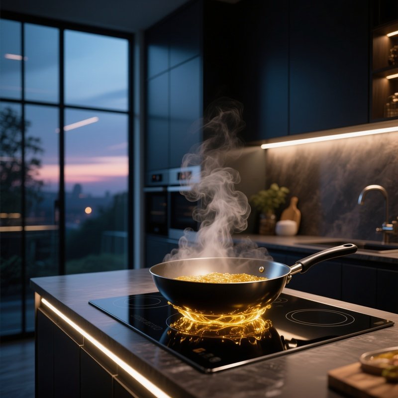 Twilight In A Modern Glass Walled Kitchen, Steam Rising From A Steaming Wok As It Sizzles Over An