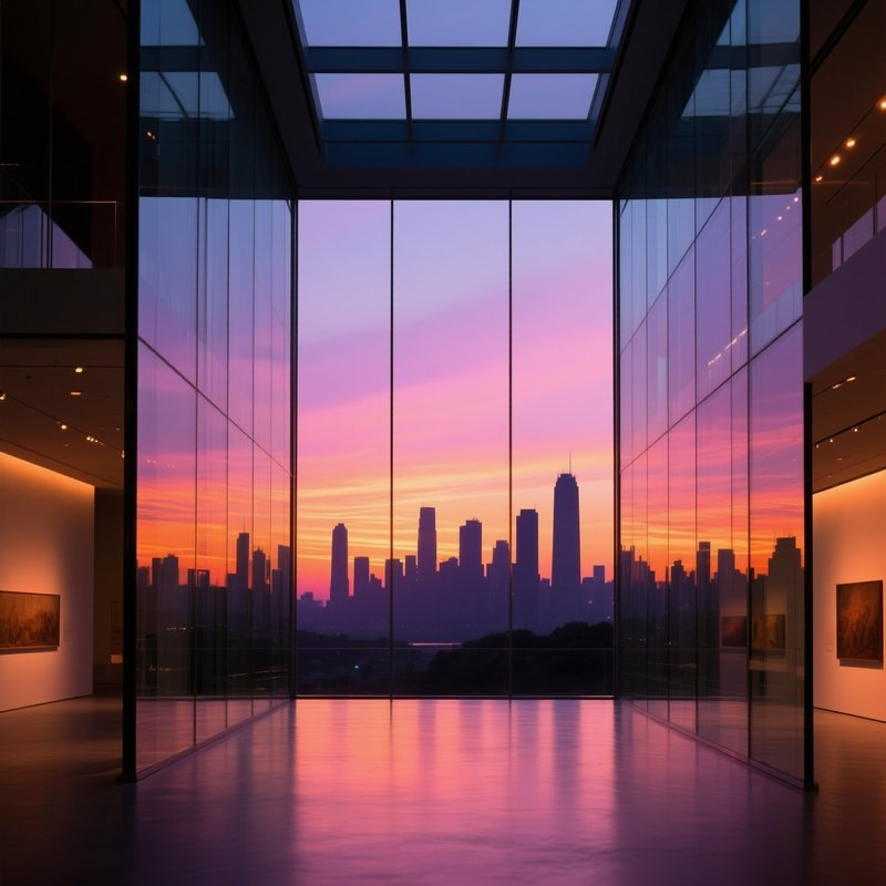 Twilight Perspective From Inside Glass Atrium Of Museum City Skyline Silhouetted Against Glowing