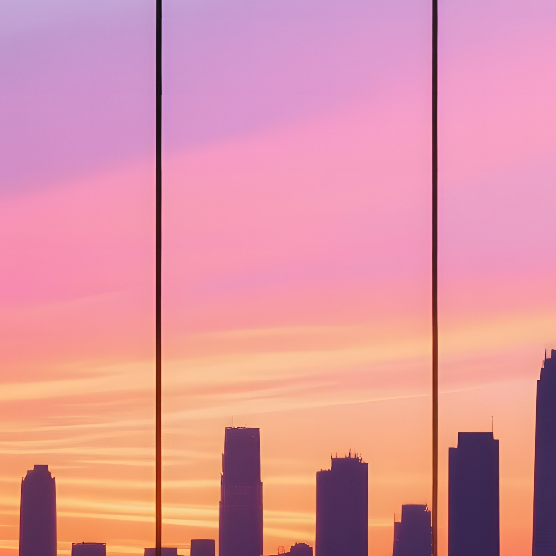 Twilight Perspective From Inside Glass Atrium Of Museum City Skyline Silhouetted Against Glowing - Full Resolution Quality Preview