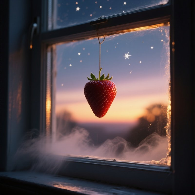 Twilight Scene Of A Single Strawberry Suspended On A Windowsill, Its Reflective Surface Capturing