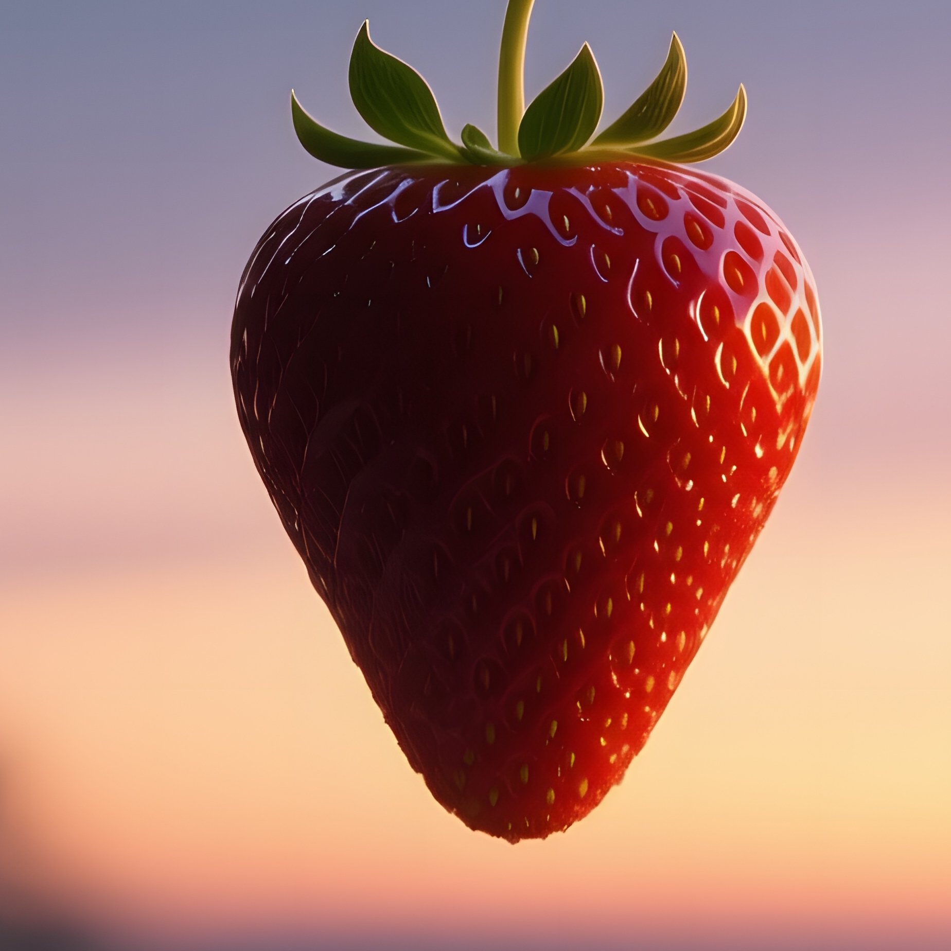 Twilight Scene Of A Single Strawberry Suspended On A Windowsill, Its Reflective Surface Capturing - Full Resolution Quality Preview