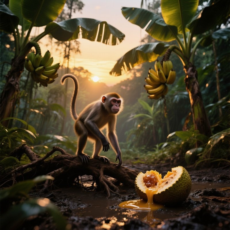 Twilight Settles Over A Dense Jungle As Golden Light Filters Through Towering Banana Plant Leaves,