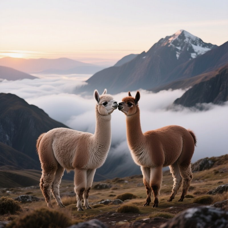 Two Alpacas Nuzzle And Exchange A Soft Kiss On A High Andean Plateau, Clouds Drifting Low Over The