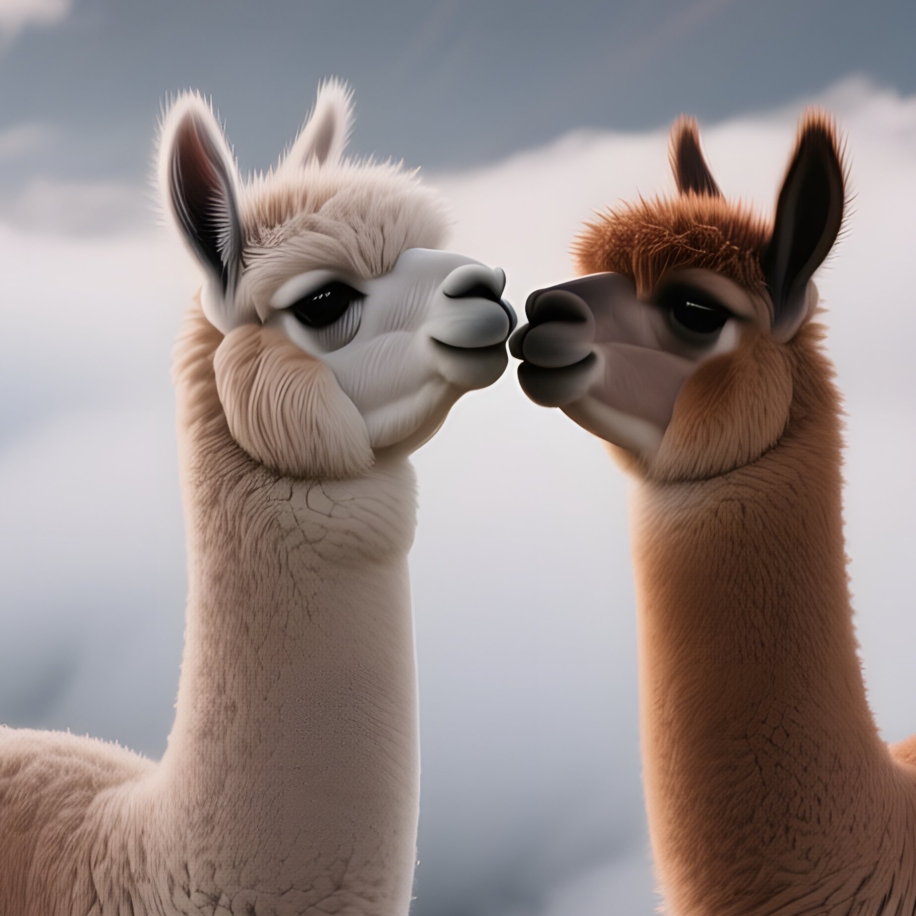 Two Alpacas Nuzzle And Exchange A Soft Kiss On A High Andean Plateau, Clouds Drifting Low Over The - Full Resolution Quality Preview