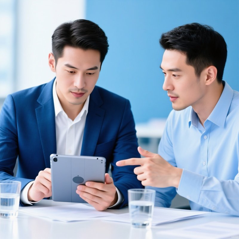 Two Businessmen Discussing Over A Digital Tablet Business