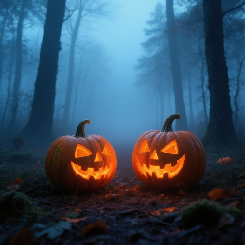 Two Carved Pumpkins In A Forest Setting Halloween Pumpkin