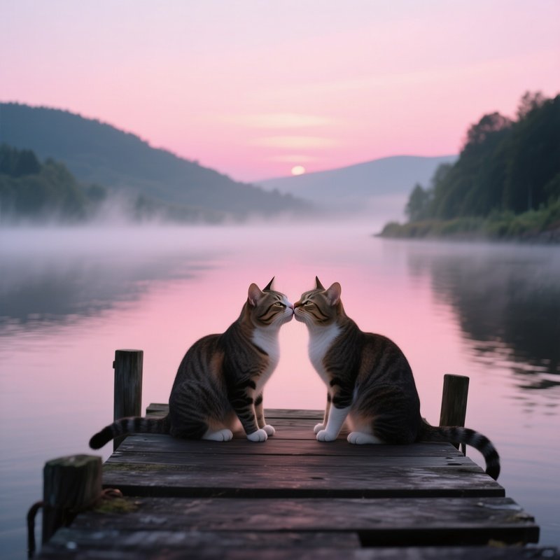Two Cats Exchange A Tender Kiss On A Wooden Pier At Dawn, Mist Rising From The Calm River And