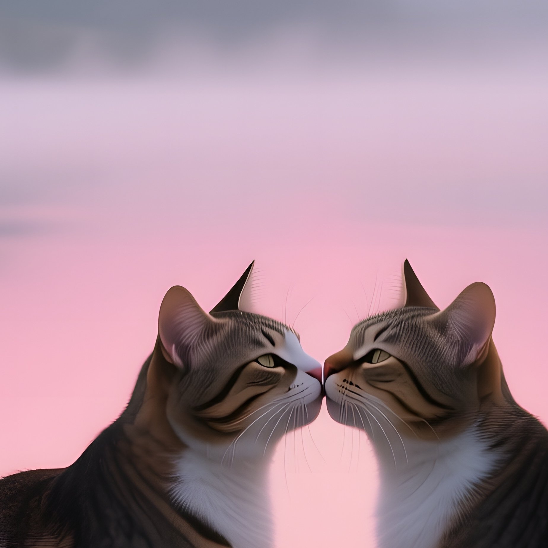 Two Cats Exchange A Tender Kiss On A Wooden Pier At Dawn, Mist Rising From The Calm River And - Full Resolution Quality Preview