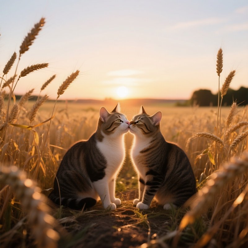 Two Cats Share A Gentle Kiss In A Field Of Tall Golden Wheat At Sunset, The Stalks Swaying And