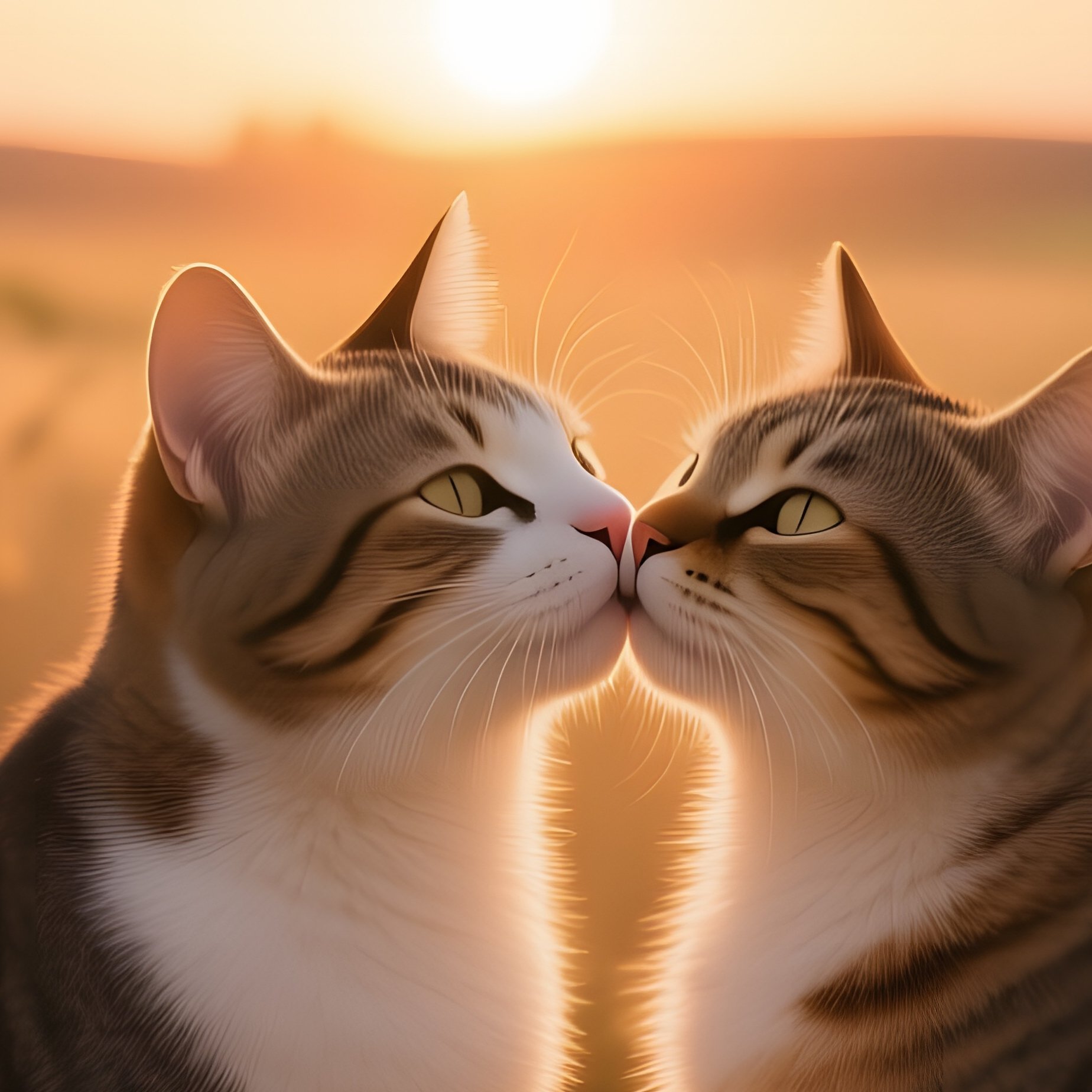Two Cats Share A Gentle Kiss In A Field Of Tall Golden Wheat At Sunset, The Stalks Swaying And - Full Resolution Quality Preview