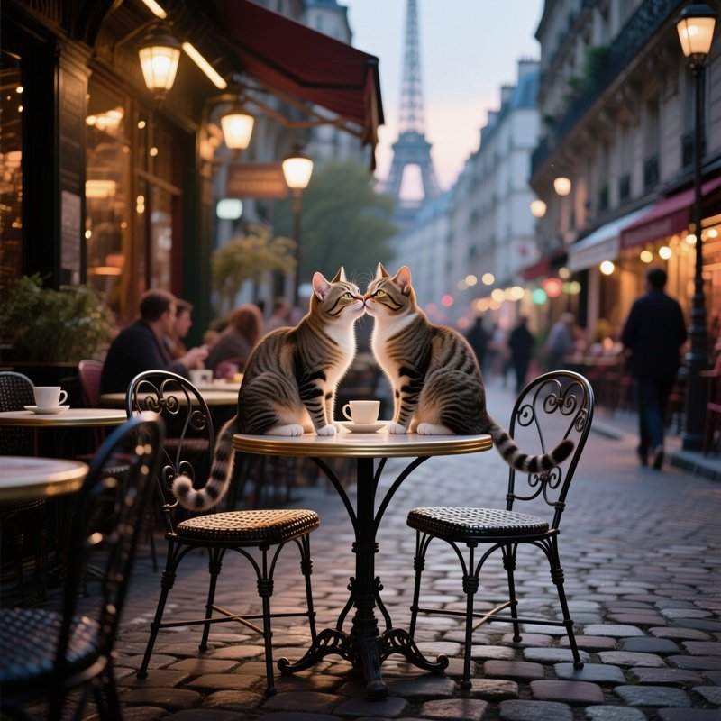 Two Cats Share An Affectionate Kiss On A Bustling Café Patio In Parisian Style, Cobblestones,