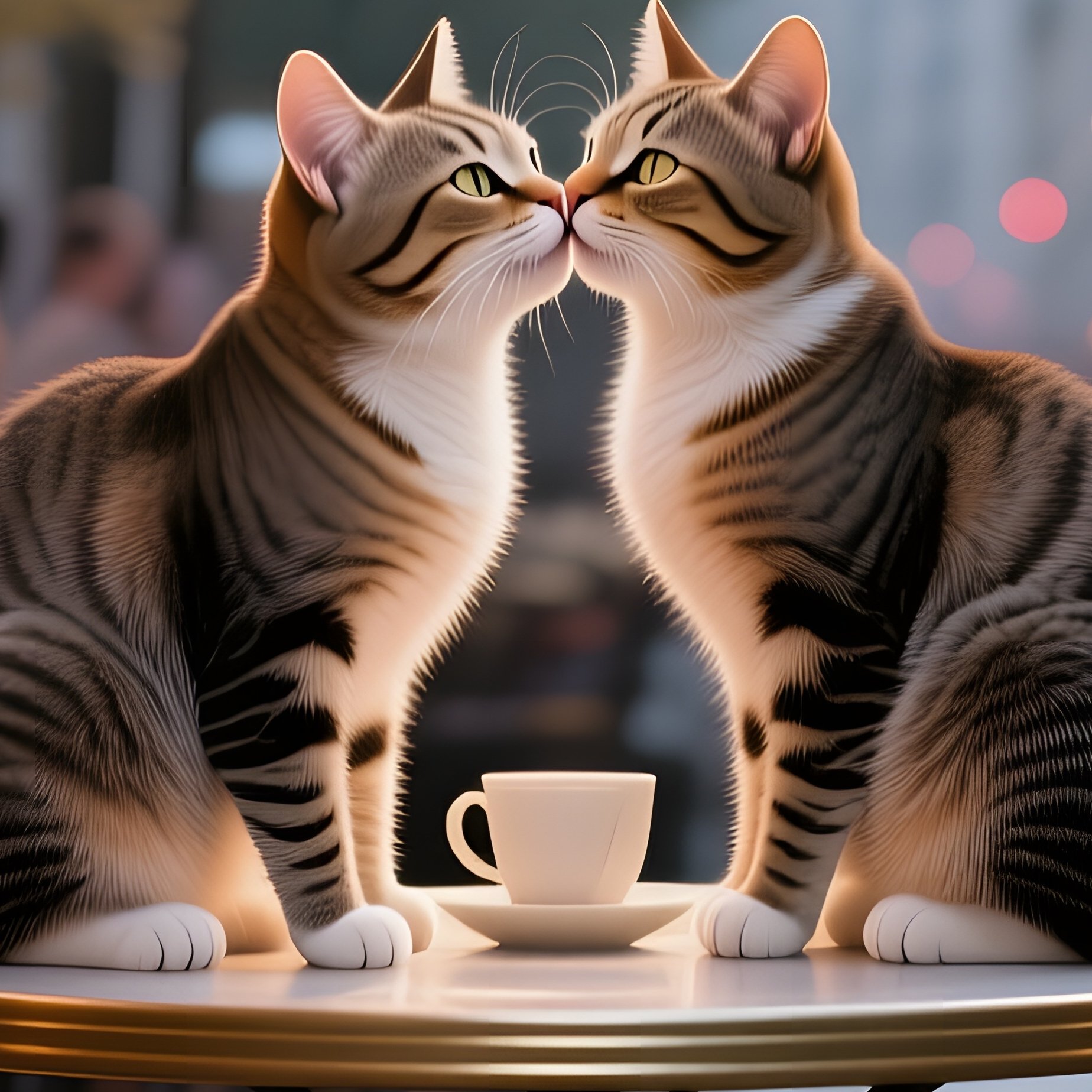 Two Cats Share An Affectionate Kiss On A Bustling Café Patio In Parisian Style, Cobblestones, - Full Resolution Quality Preview