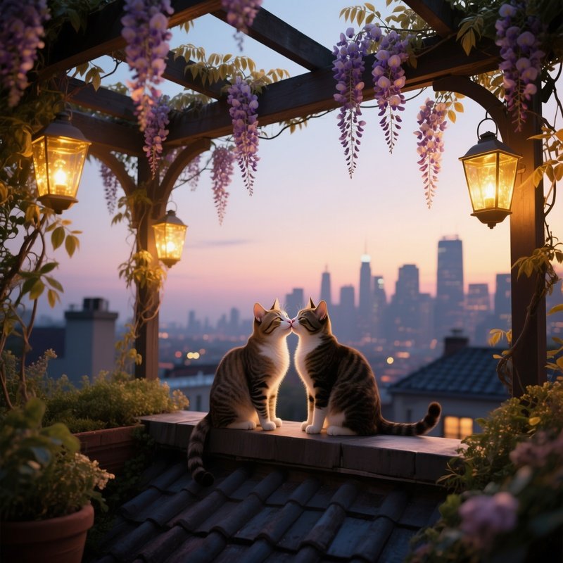 Two Cats Share An Intimate Kiss Atop A Rooftop Garden Pergola Draped In Wisteria At Dusk, Lanterns