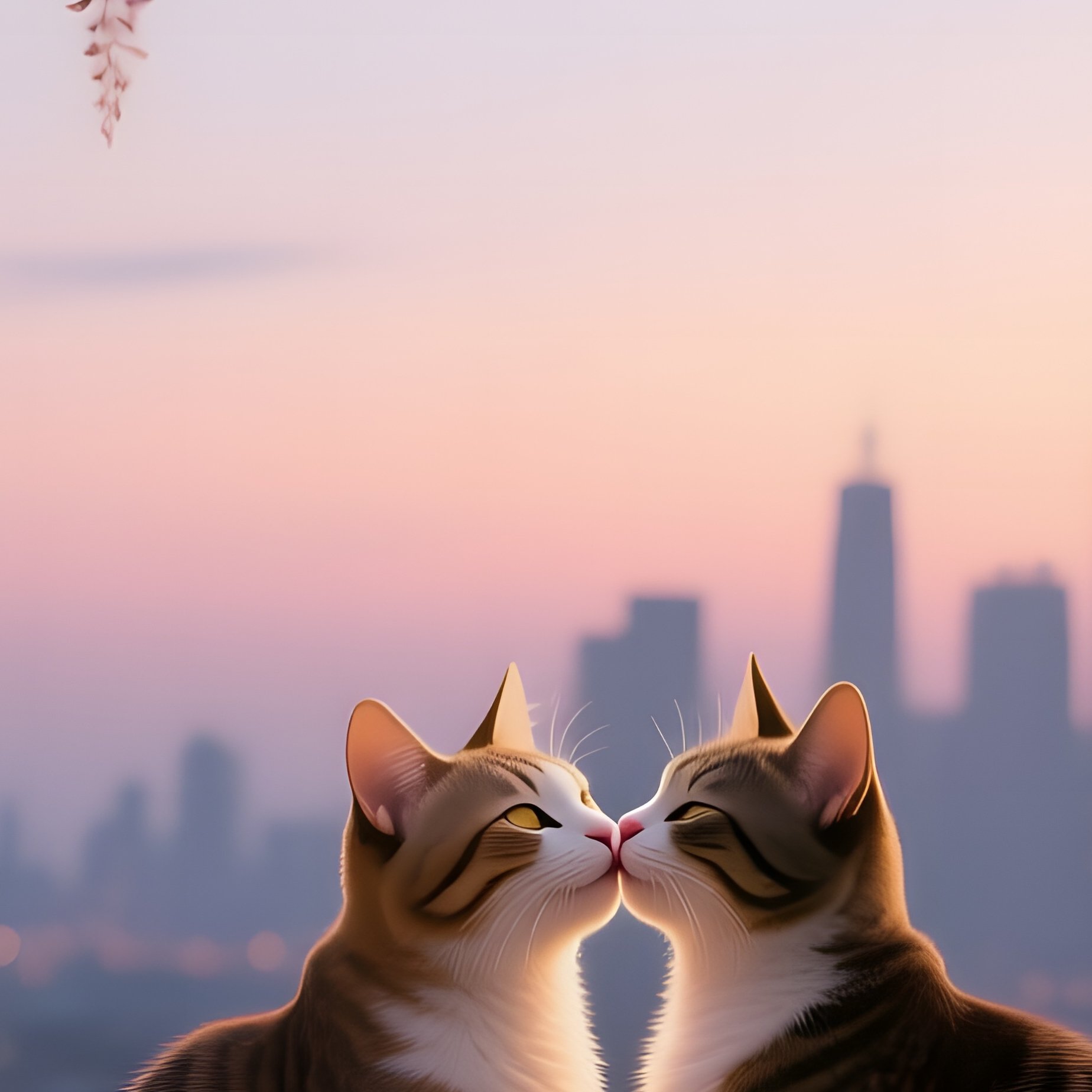 Two Cats Share An Intimate Kiss Atop A Rooftop Garden Pergola Draped In Wisteria At Dusk, Lanterns - Full Resolution Quality Preview