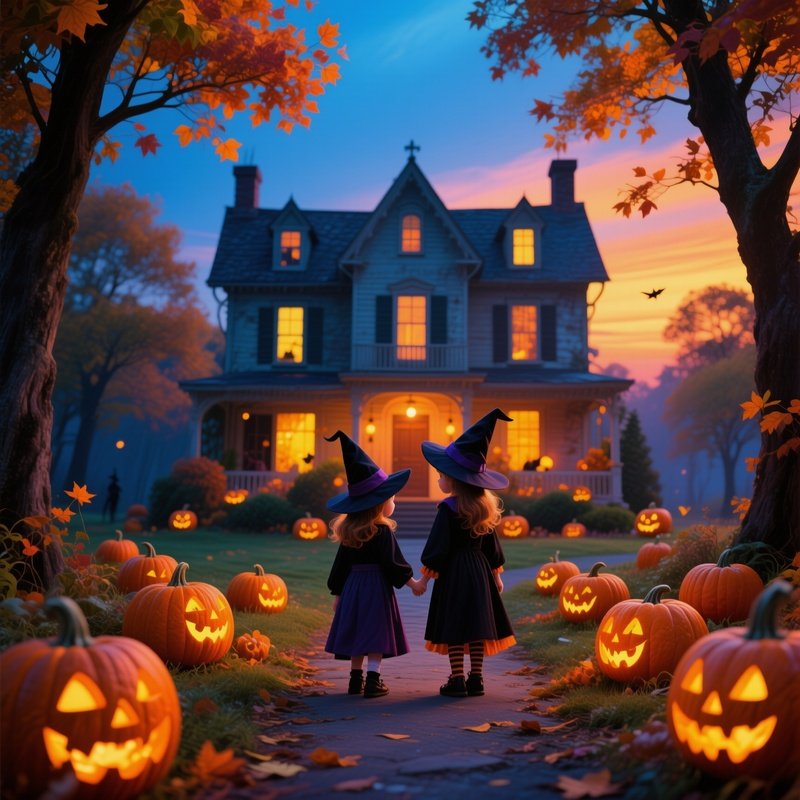 Two Children In Witch Costumes Approaching A House Halloween