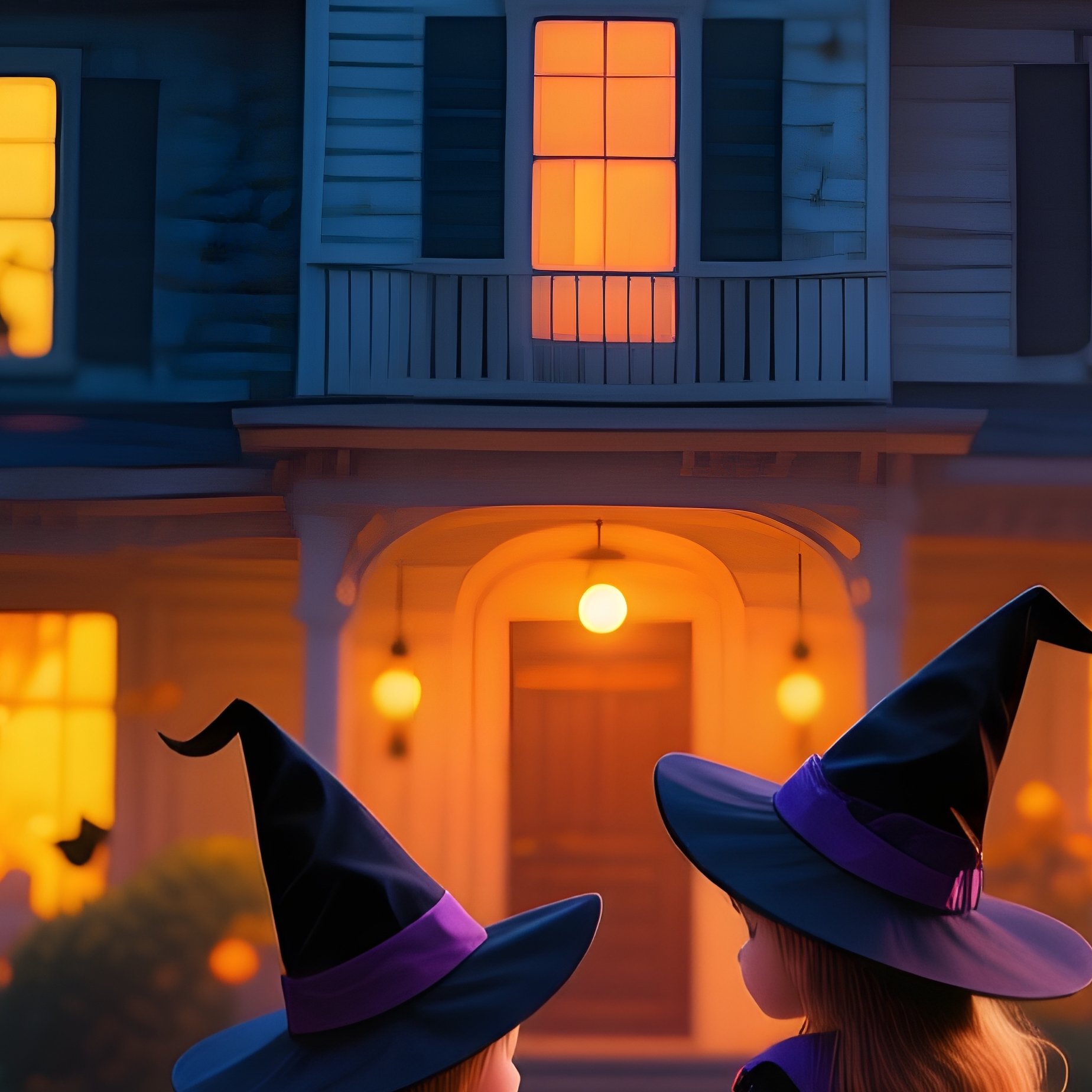 Two Children In Witch Costumes Approaching A House Halloween - Full Resolution Quality Preview