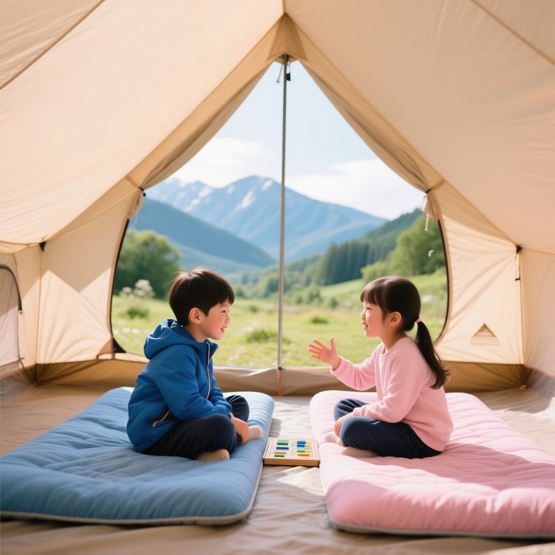Two Children Interacting Inside A Tent Camping Children