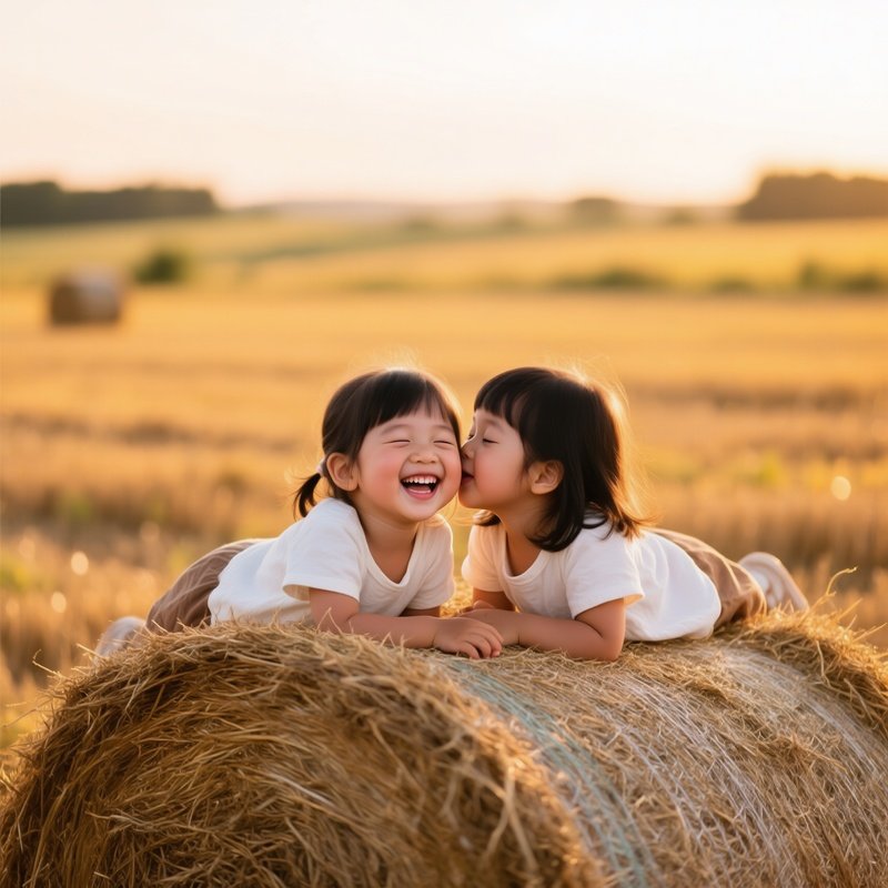 Two Children On A Hay Bale Children Playful