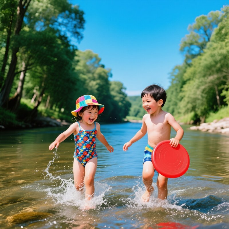 Two Children Playing In A River Children Play