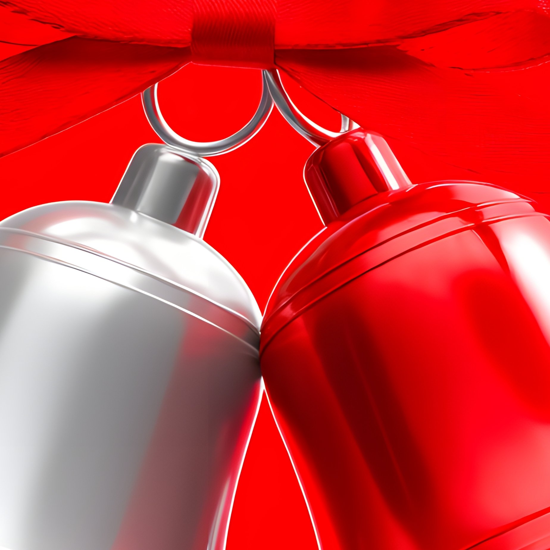 Two Christmas Bells Hanging From A Red Ribbon Christmas Holidays - Full Resolution Quality Preview
