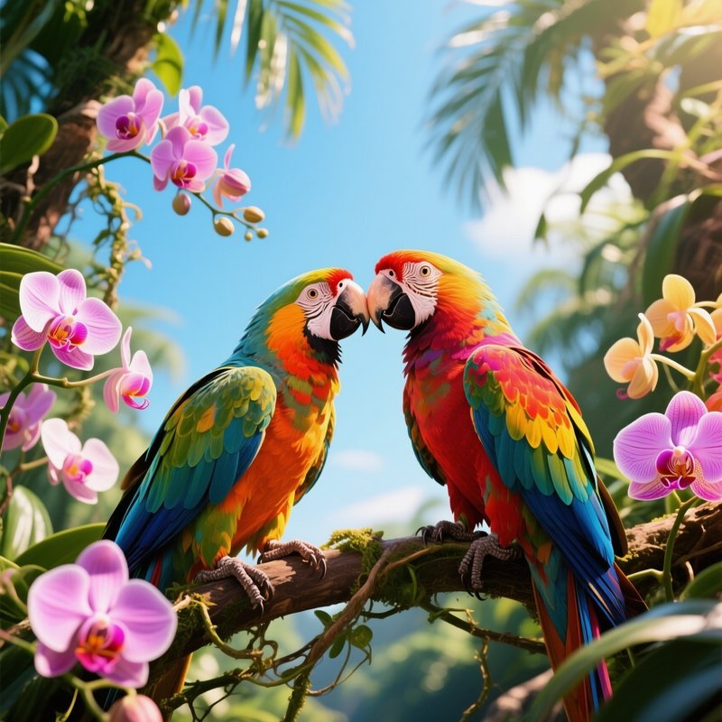 Two Colorful Parrots Exchange A Vibrant Kiss Amidst Tropical Vines And Blooming Orchids Under