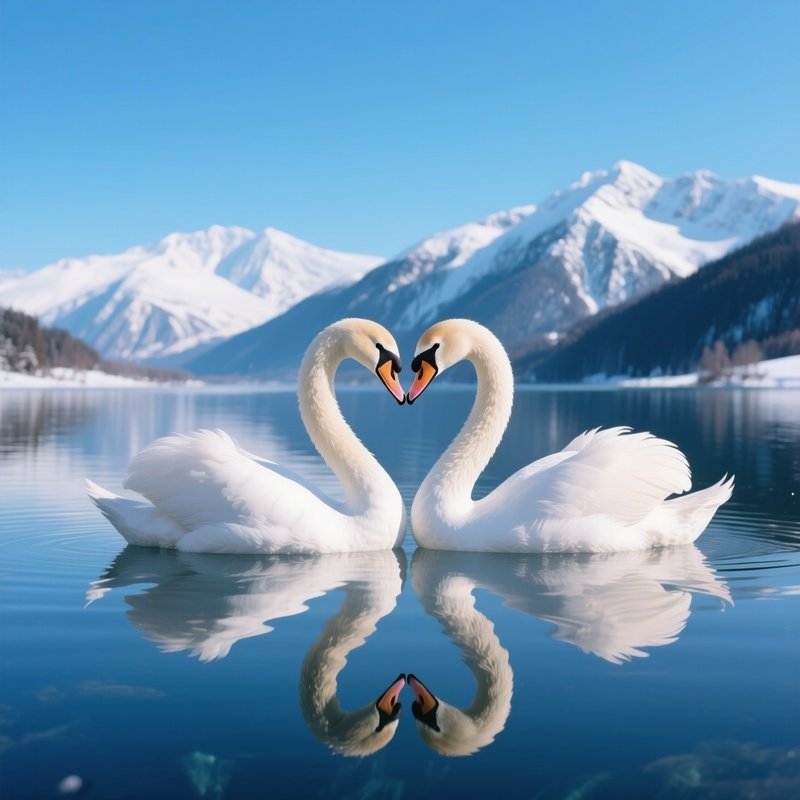 Two Elegant Swans Form A Heart Shape With Their Necks As They Kiss On A Glassy Lake Reflecting