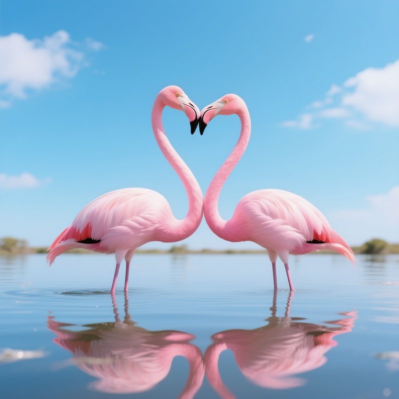 Two Flamingos Stand In Shallow Water, Necks Curved As They Share A Pink‑Toned Kiss Under A Bright