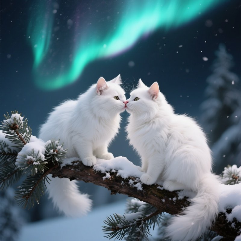Two Fluffy White Cats Share A Delicate Kiss Atop A Snowy Pine Branch, Pine Needles Dusted With