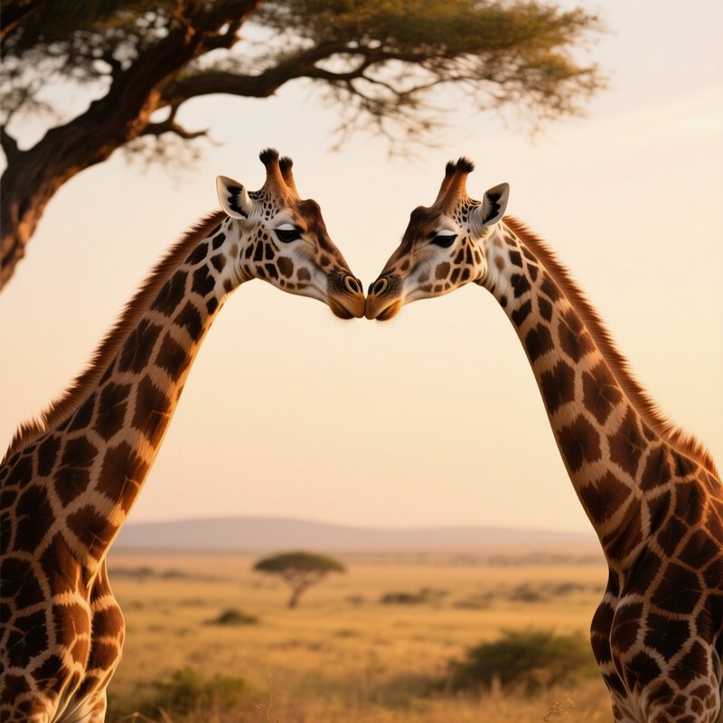 Two Giraffes Stretch Their Long Necks To Touch Foreheads And Share A Gentle Kiss Beneath An Acacia