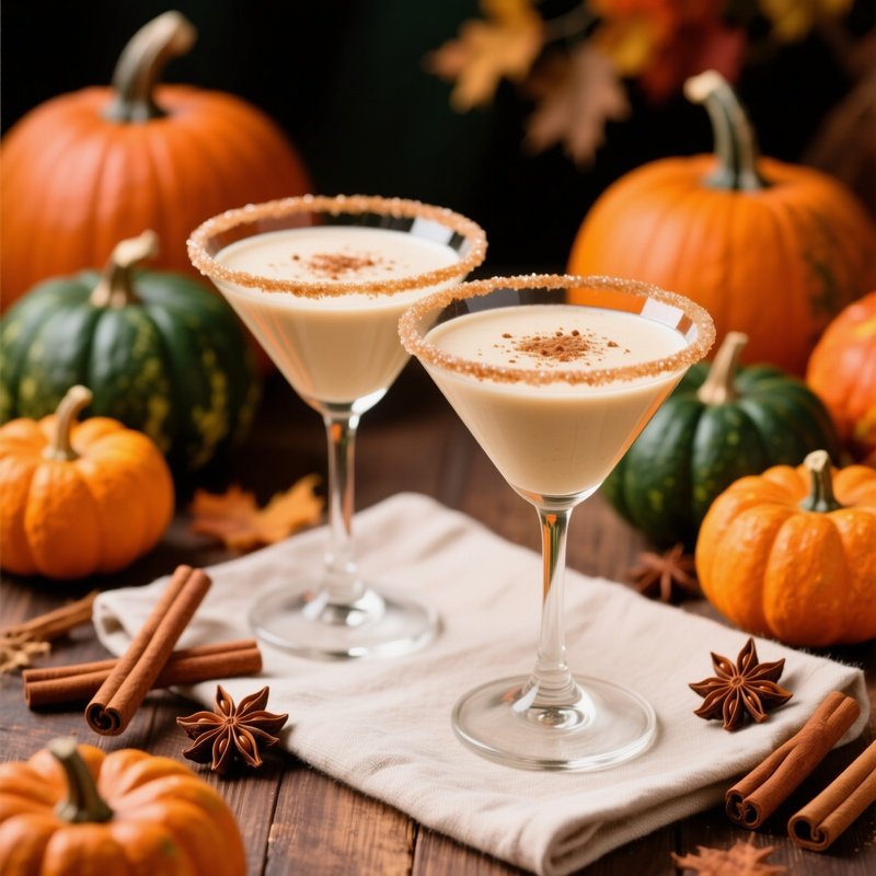 Two Glasses Of Creamy Drink Surrounded By Autumnal Decorations