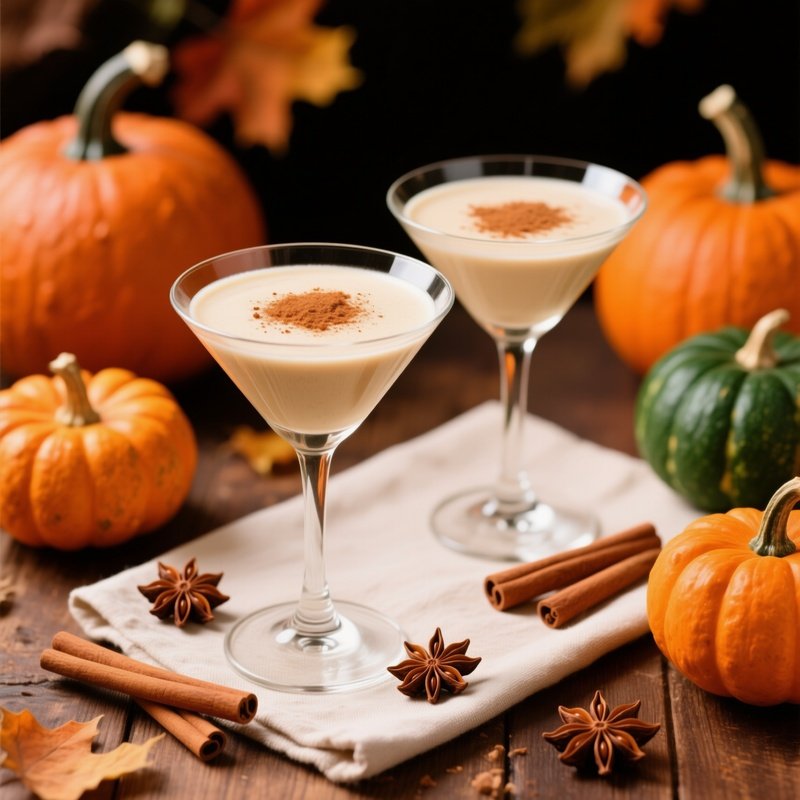 Two Glasses Of Creamy Drink Surrounded By Pumpkins And Spices