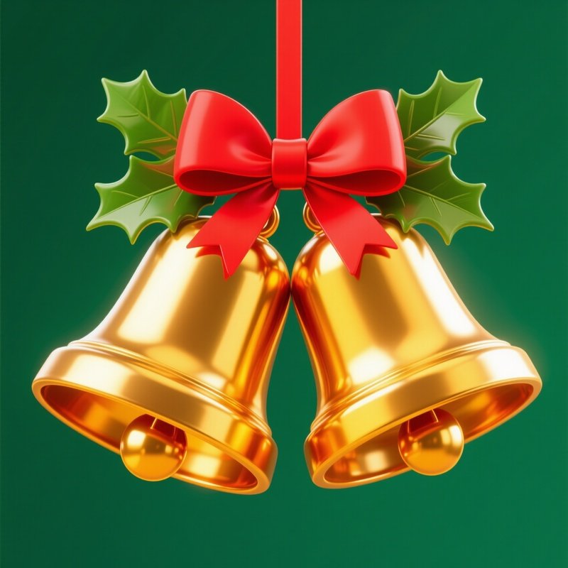 Two Golden Bells Adorned With A Red Ribbon And Holly Leaves