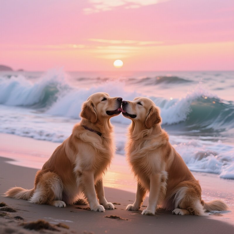 Two Golden Retrievers Share A Playful Kiss On A Beach With Crashing Waves, Sunrise Painting The Sky