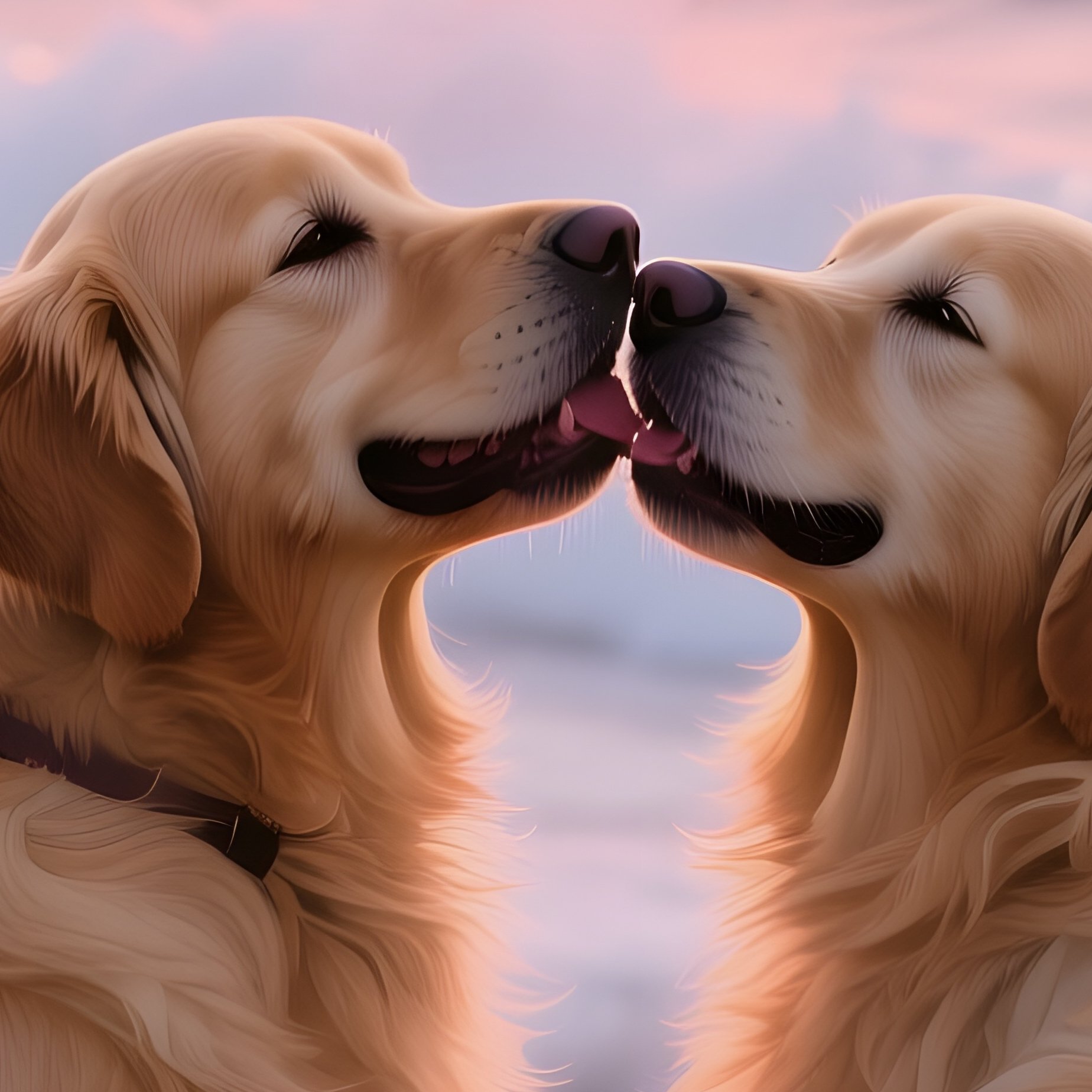 Two Golden Retrievers Share A Playful Kiss On A Beach With Crashing Waves, Sunrise Painting The Sky - Full Resolution Quality Preview