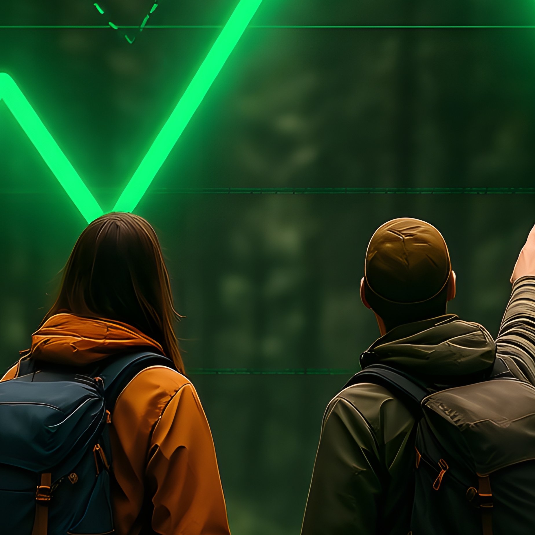 Two Hikers Examining A Superimposed Graph In A Forest Hiking Data - Full Resolution Quality Preview