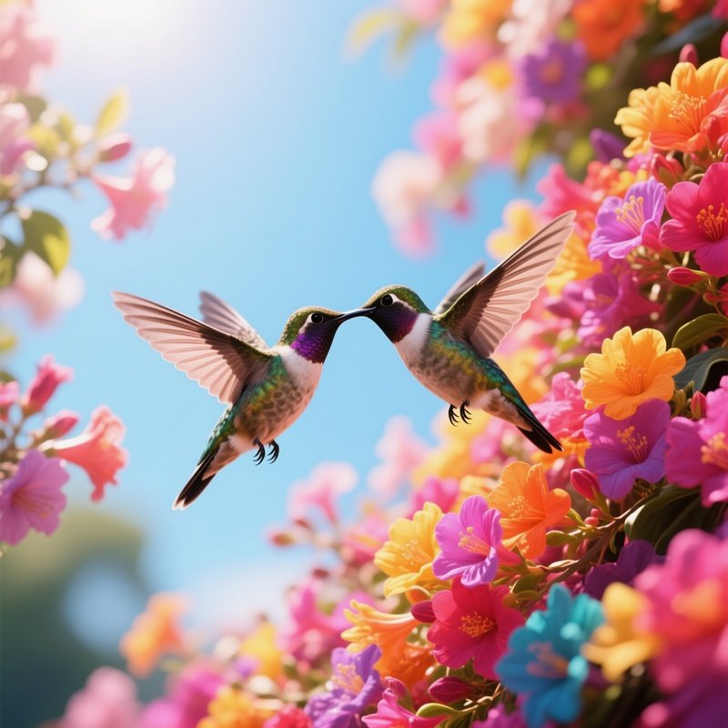 Two Hummingbirds Hover Close, Beaks Meeting In A Rapid Kiss Amid A Cascade Of Neon‑Colored Blossoms