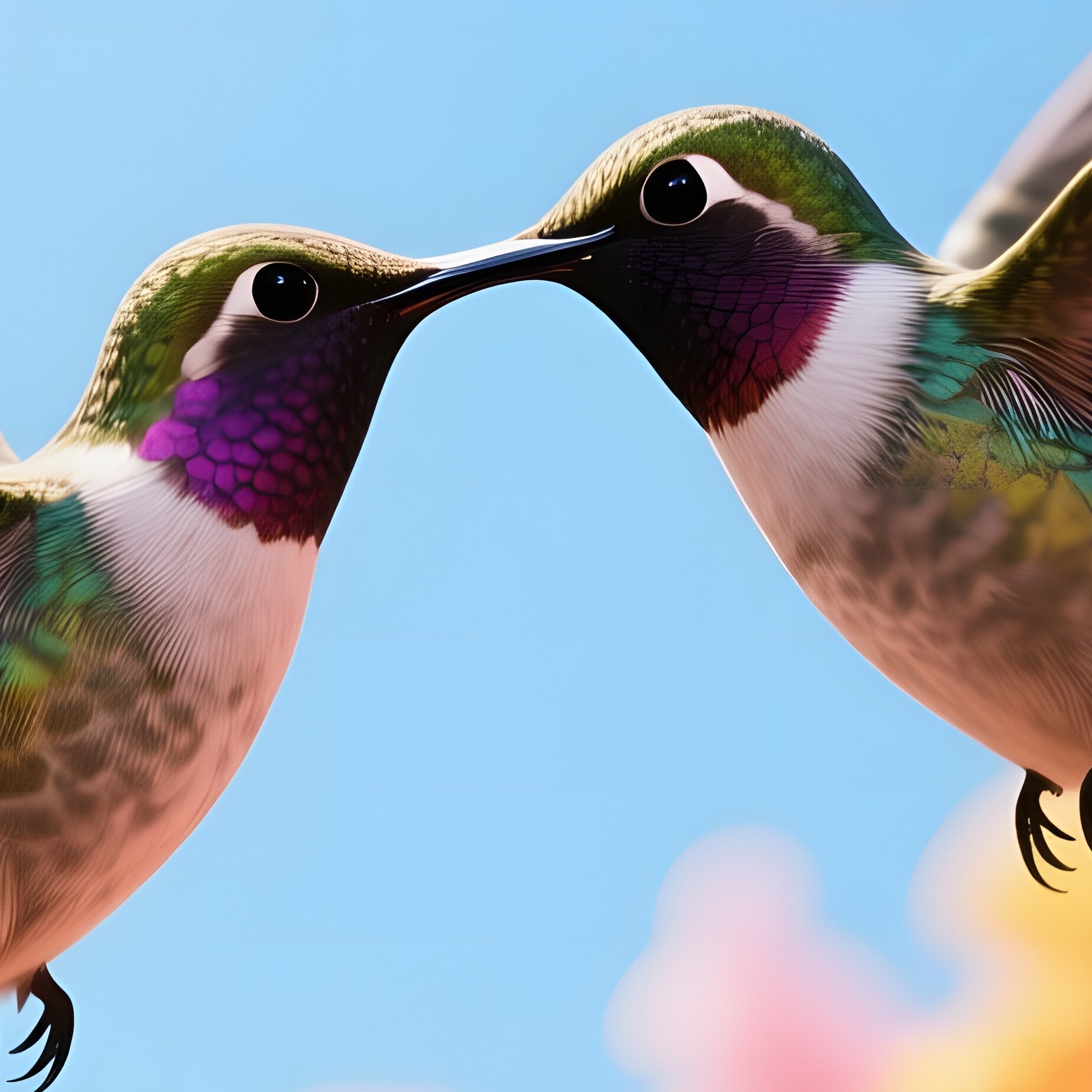 Two Hummingbirds Hover Close, Beaks Meeting In A Rapid Kiss Amid A Cascade Of Neon‑Colored Blossoms - Full Resolution Quality Preview