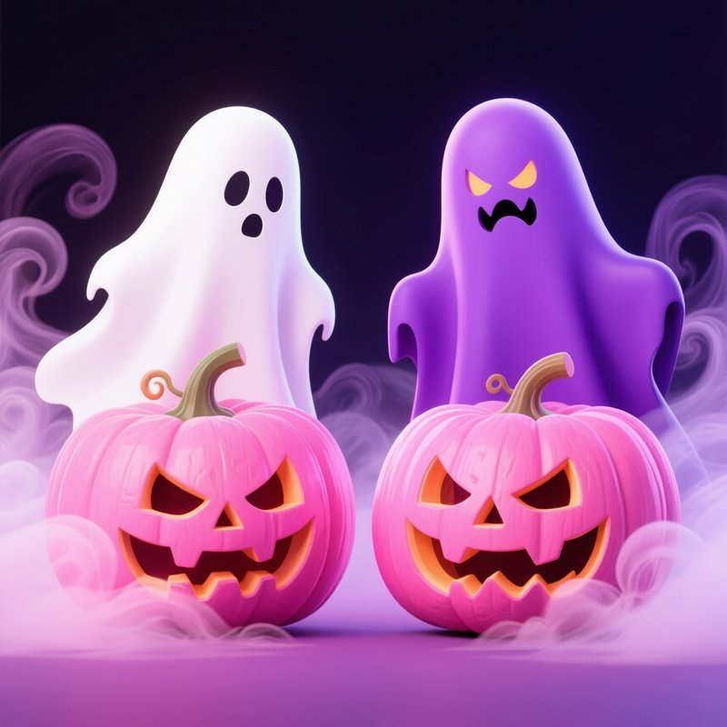 Two Illustrated Pumpkins With Ghostly Figures Halloween Pumpkin