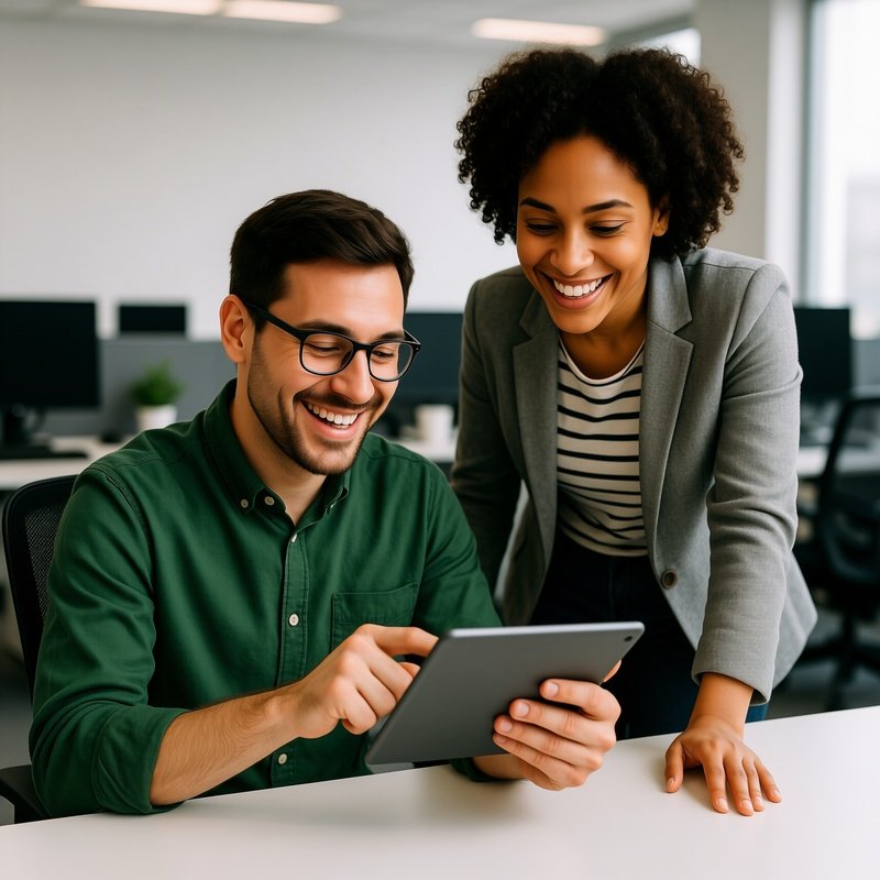 Two Individuals Collaborating On A Digital Tablet Office
