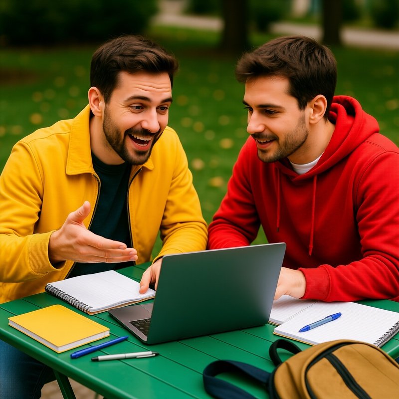 Two Individuals Collaborating On A Laptop In An Outdoor Setting