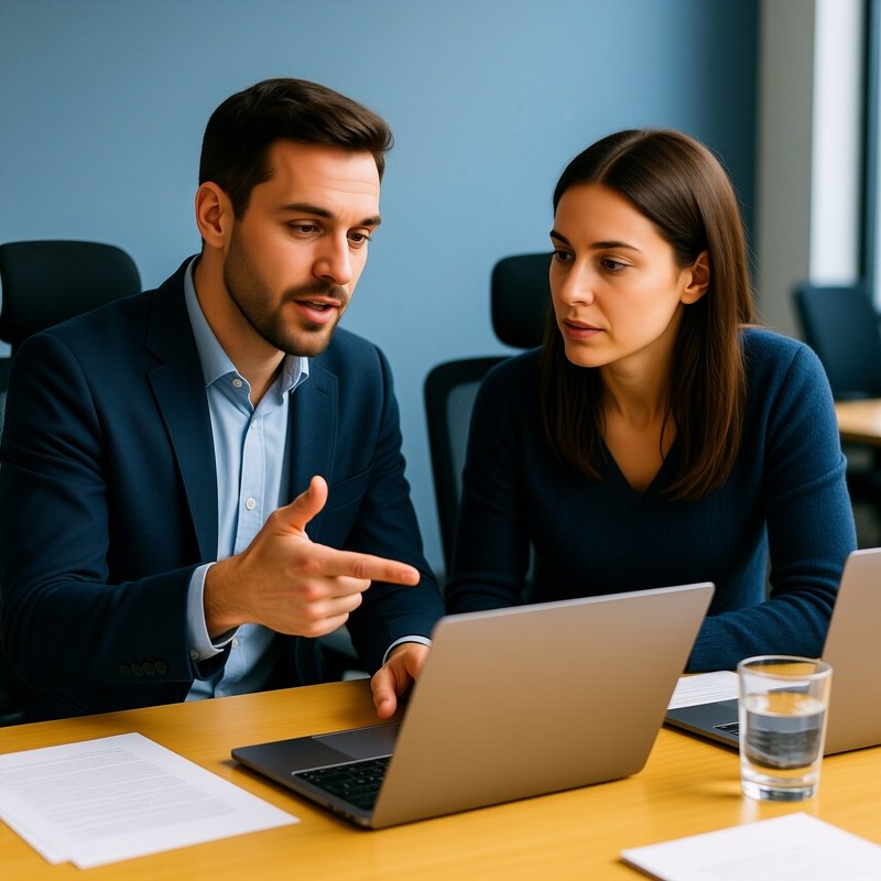 Two Individuals Collaborating On A Laptop In An Office Setting