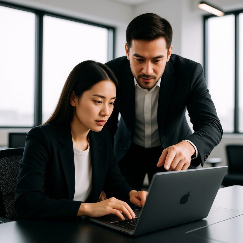 Two Individuals Collaborating On A Laptop In An Office Setting
