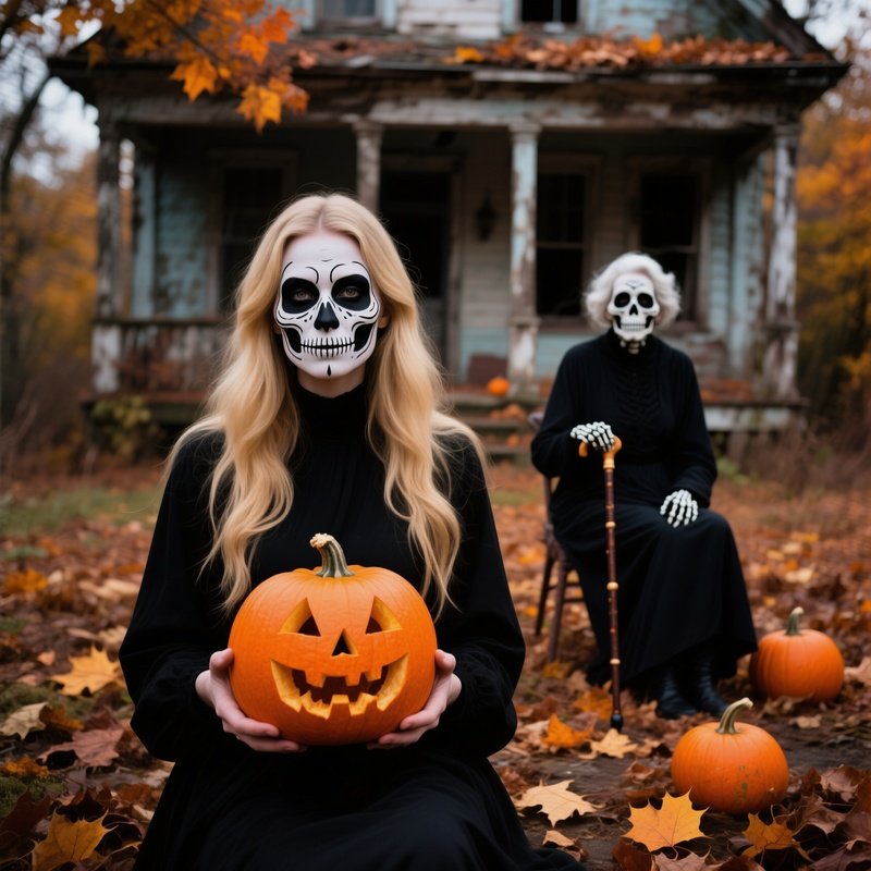 Two Individuals Dressed In Halloween Costumes With Skeleton