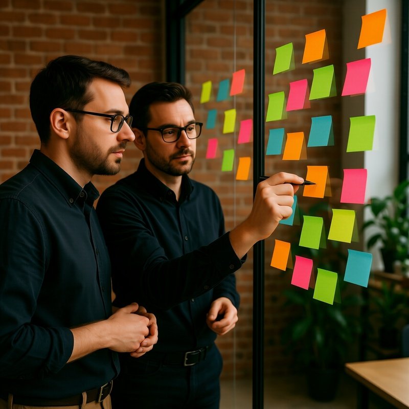 Two Individuals Interacting With Sticky Notes On A Glass Surface