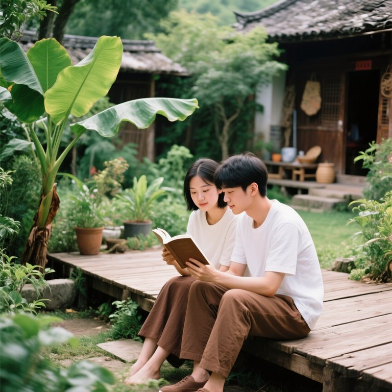 Two Individuals Reading Together On A Wooden Platform Reading