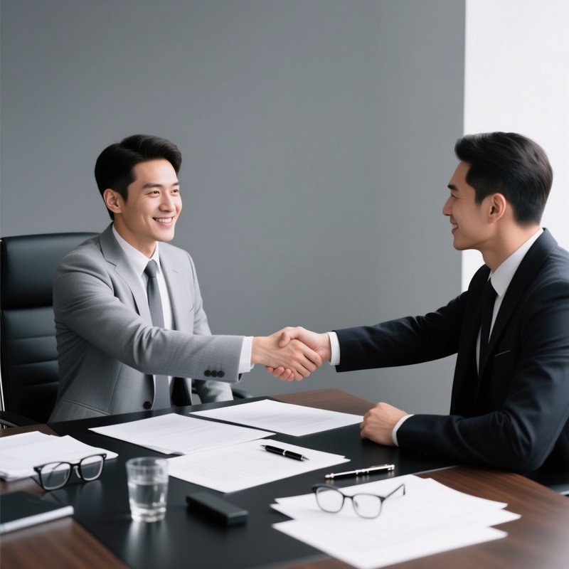 Two Individuals Shaking Hands Over A Desk Business Handshake