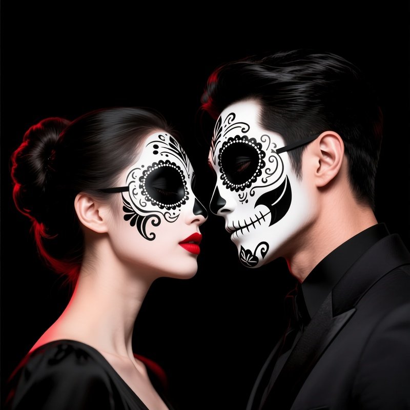 Two Individuals Wearing Elaborate Masks And Makeup Day Of The