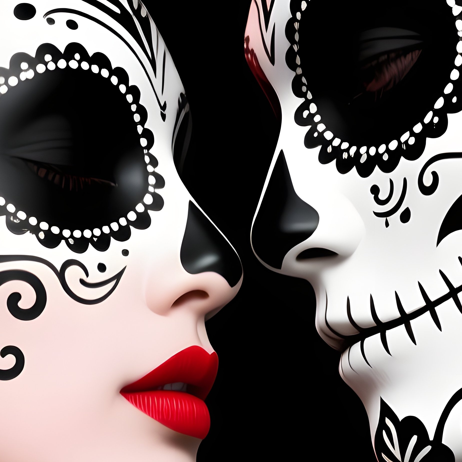 Two Individuals Wearing Elaborate Masks And Makeup Day Of The - Full Resolution Quality Preview